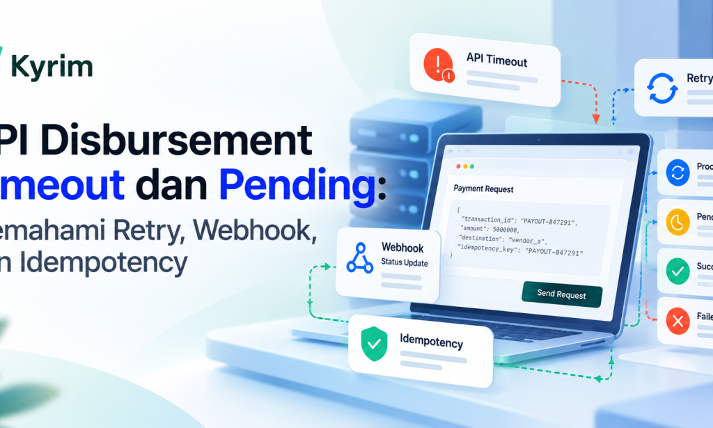 Alur API disbursement timeout dan pending transaction dengan retry, webhook, serta idempotency