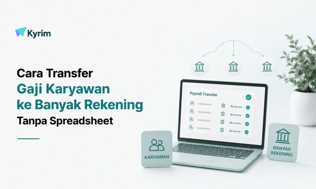 Ilustrasi transfer gaji karyawan ke banyak rekening secara digital menggunakan sistem bulk transfer tanpa spreadsheet.