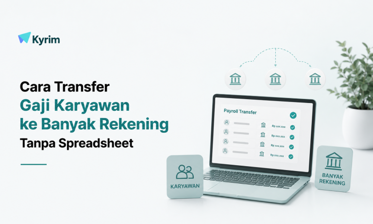 Ilustrasi transfer gaji karyawan ke banyak rekening secara digital menggunakan sistem bulk transfer tanpa spreadsheet.