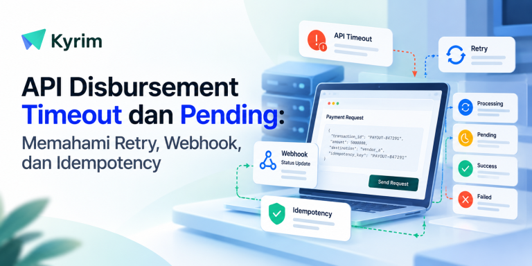 Alur API disbursement timeout dan pending transaction dengan retry, webhook, serta idempotency